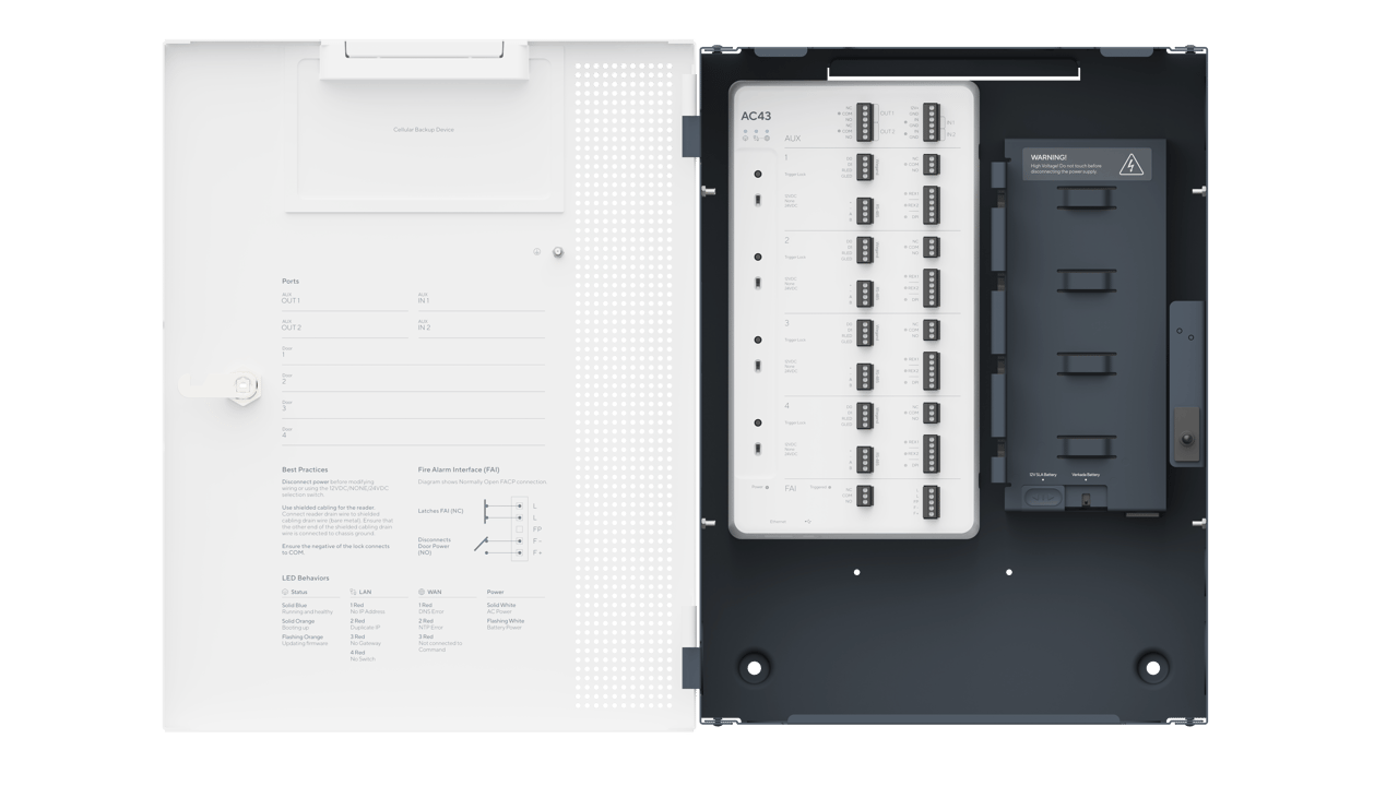Verkada AC43 access control panel shown open with internal components visible.