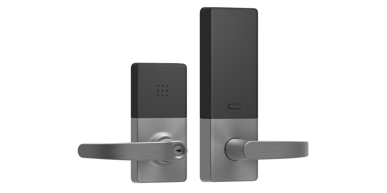 Verkada AL54 cylindrical smart door lock shown from front and back angles.