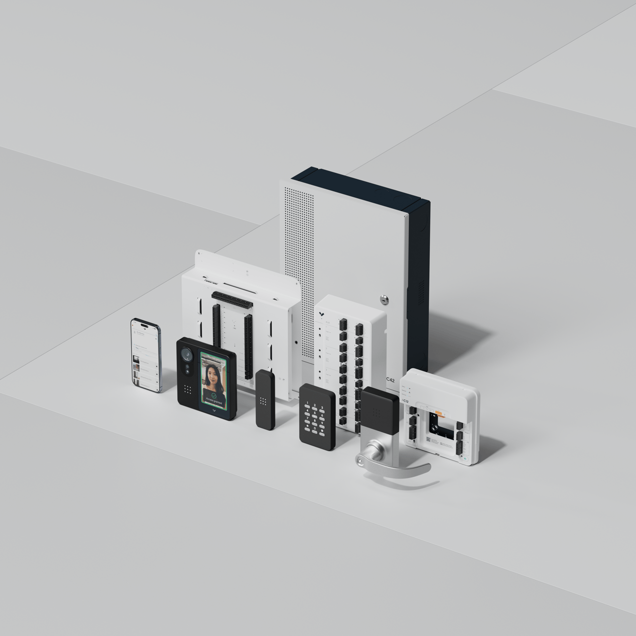 A Verkada access control product family arranged together, including door controllers, card readers, an intercom, and the mobile app.