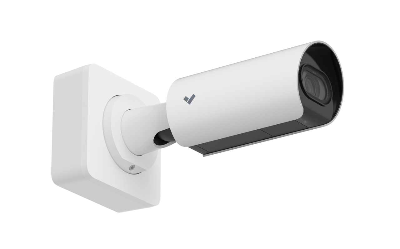 Verkada bullet security camera mounted on a white wall bracket, studio render.