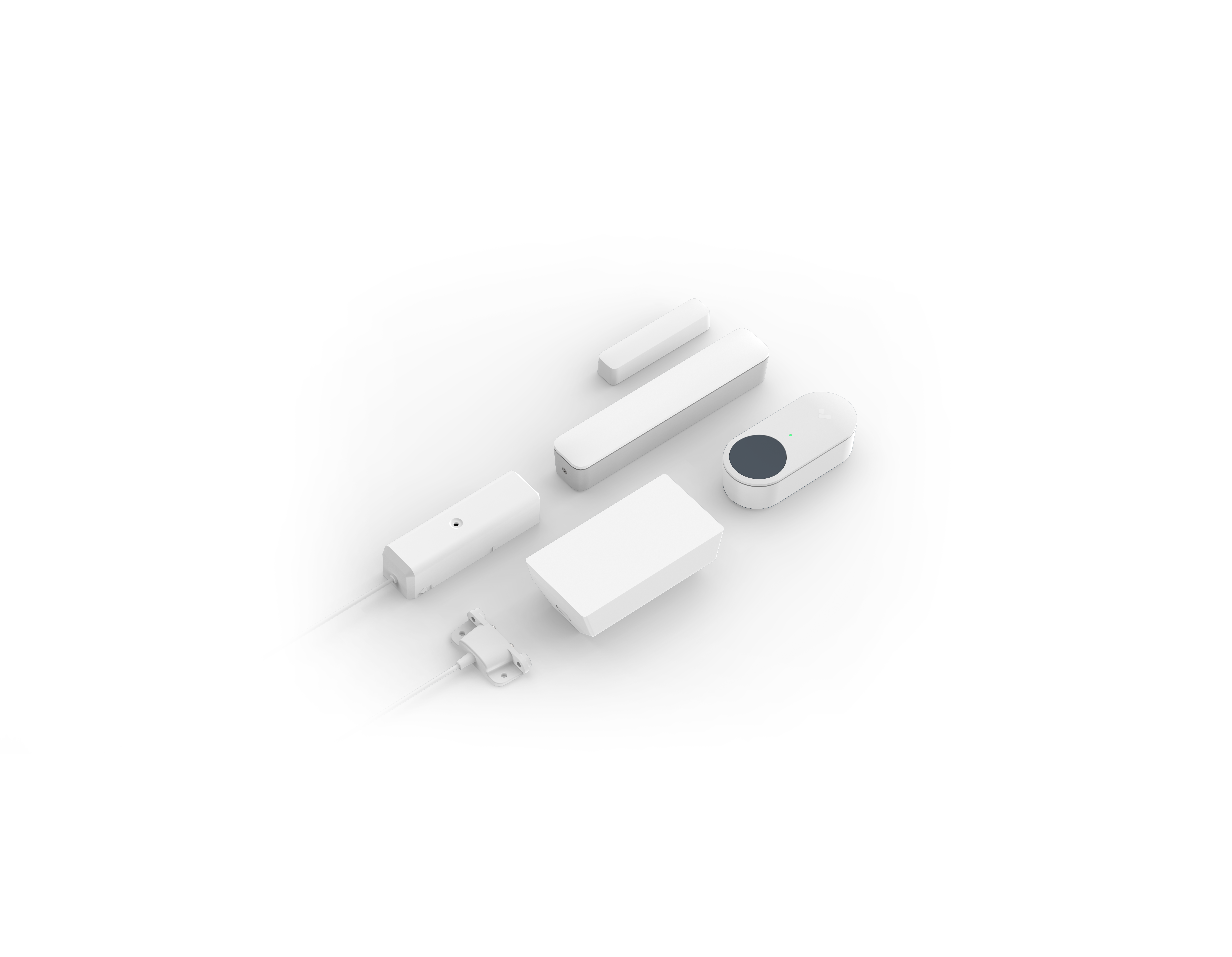 A family of Verkada alarm sensors arranged on a dark background.