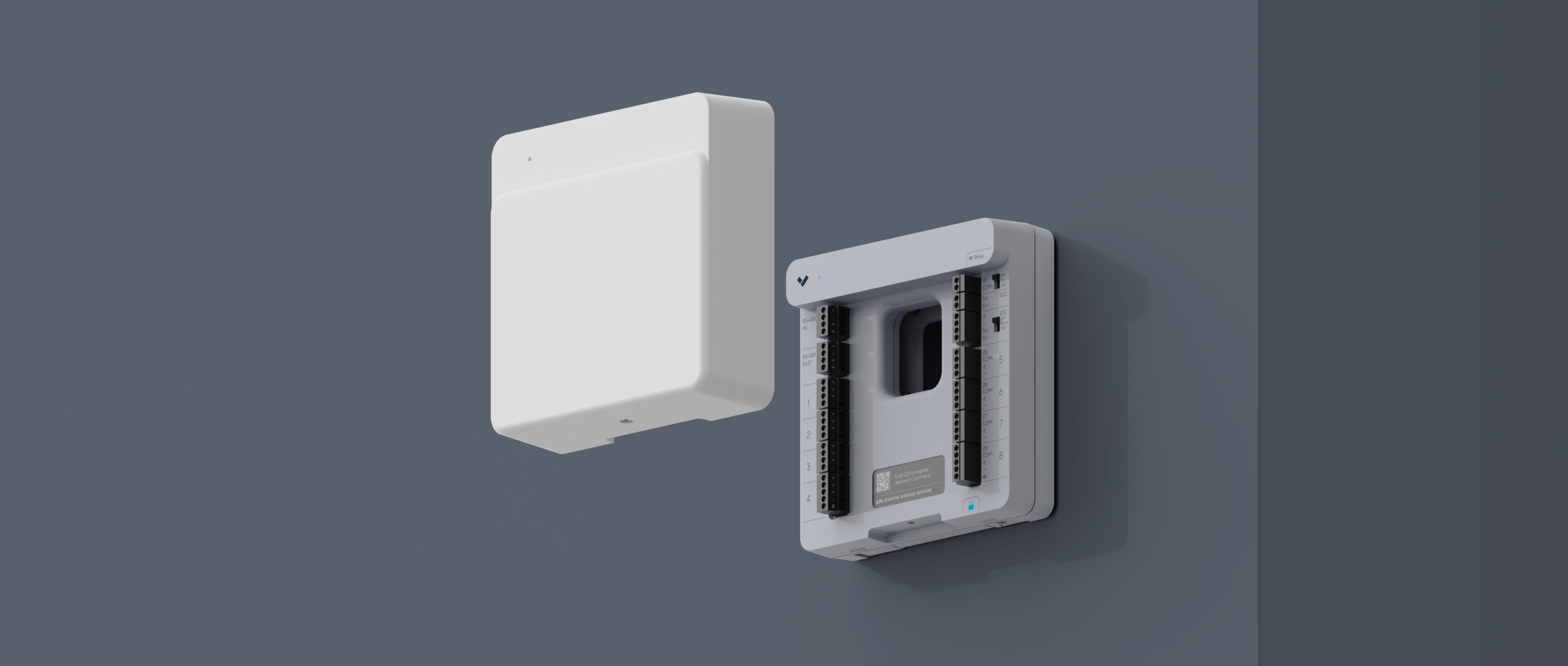 Verkada BE32 alarm expander panel shown open and closed on a gray wall.