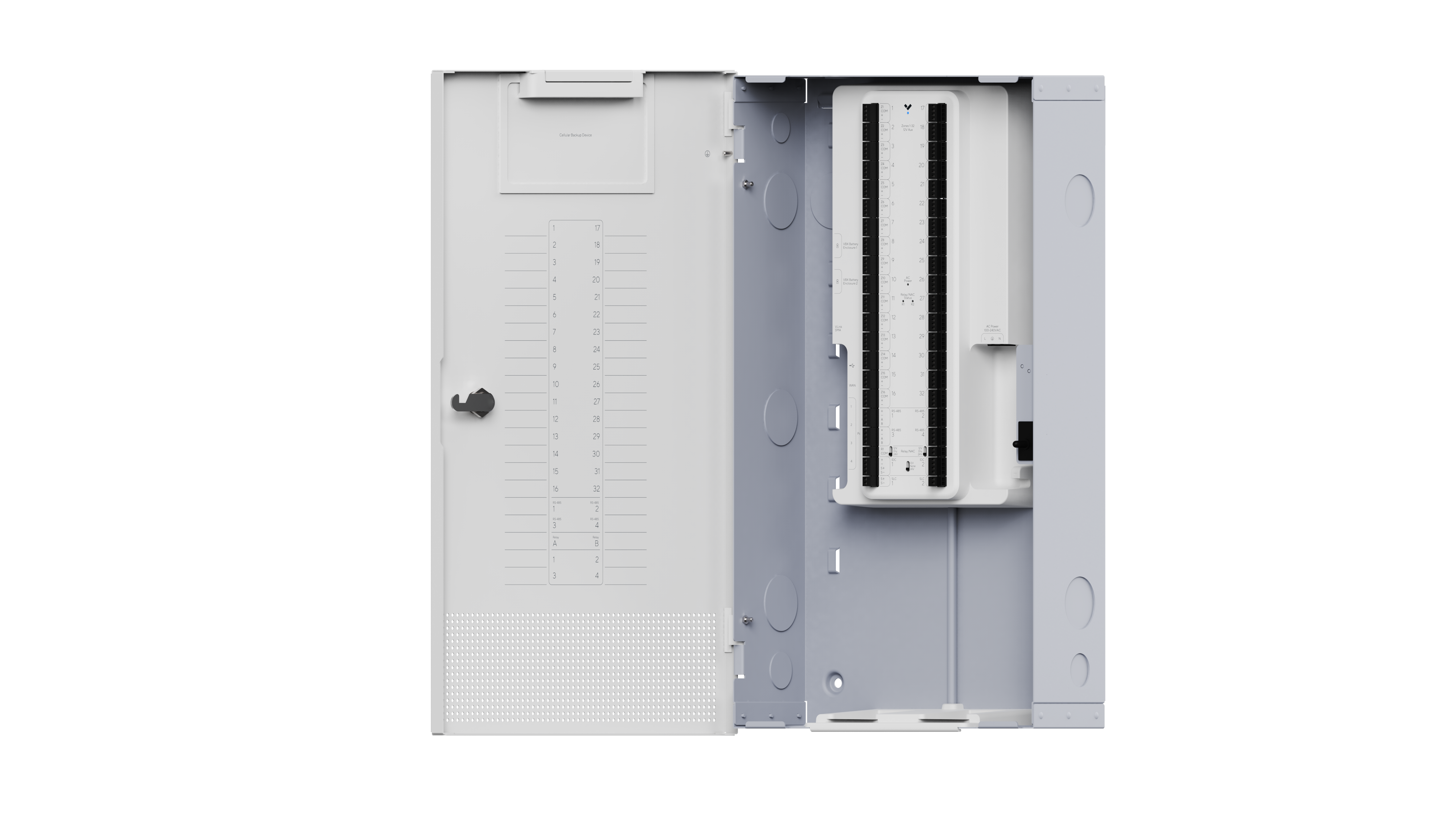 Verkada BP52 alarm panel shown open, revealing internal components and circuit board.