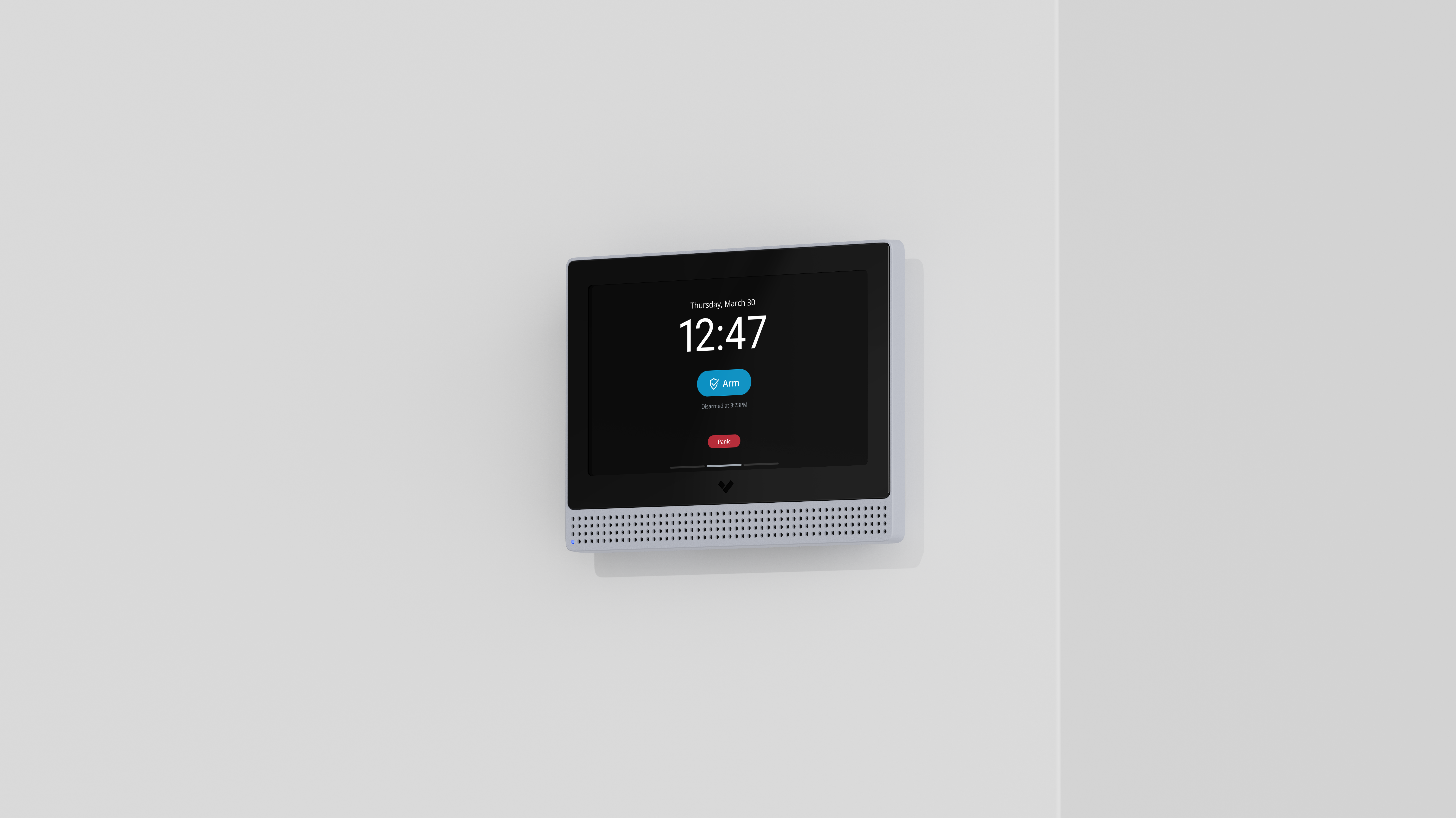 Verkada alarm keypad mounted on a white wall displaying the time 12:47.