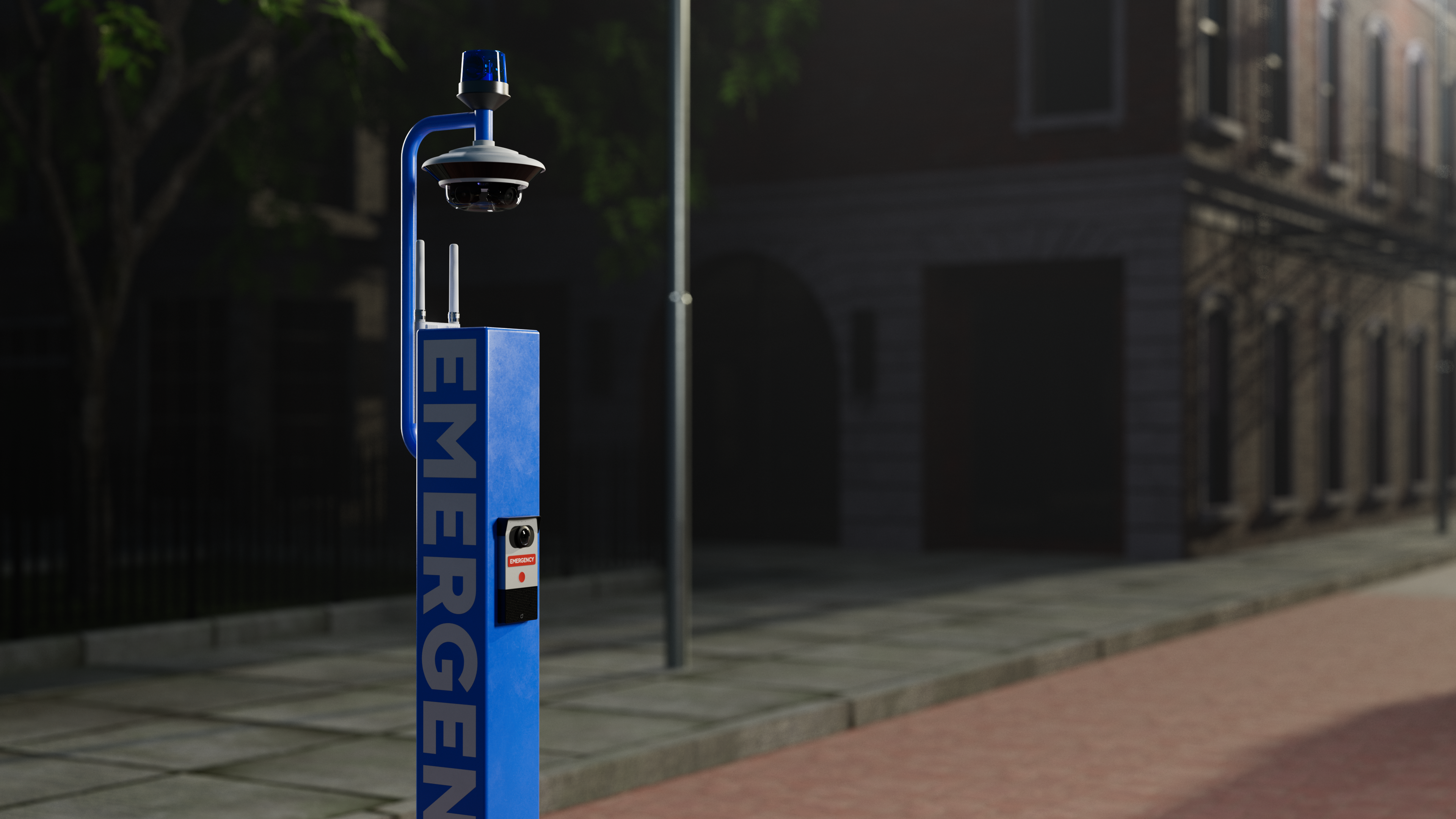 Blue emergency call station with multi-sensor camera mounted on urban sidewalk at night.